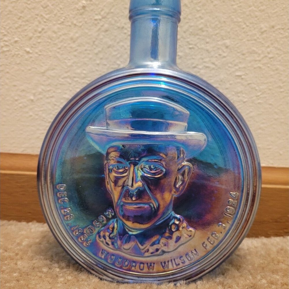 Vintage 1st Edition Wheaton Iridescent Blue Art Glass President Decanter Woodrow